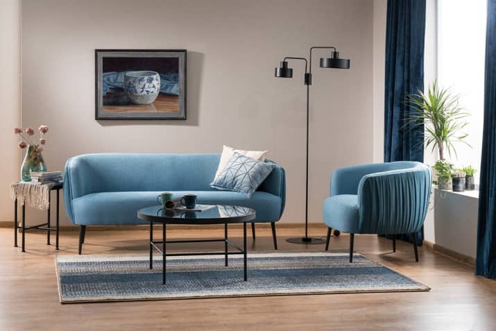 Stylowa niebieska sofa tapicerowana Lenox do poczekalni