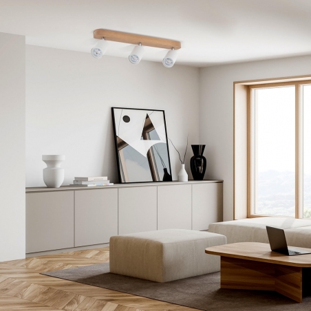 Stylowy Reflektor sufitowy skandynawski potrójny Top Wood biało-drewniany TK Lighting do przedpokoju i kuchni.
