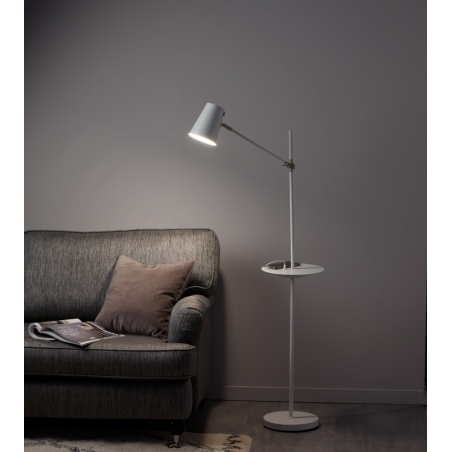 Linear white floor lamp with table and adjustable arm Markslojd