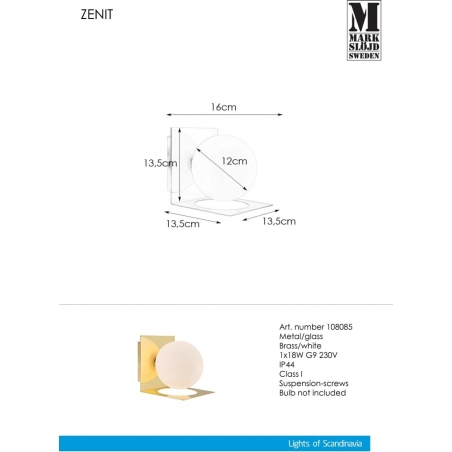 Zenit white&gold glass ball bathroom wall lamp Markslojd