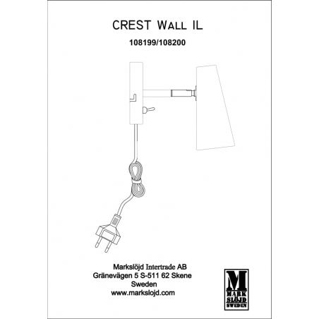 Crest white wall lamp with arm and switch Markslojd