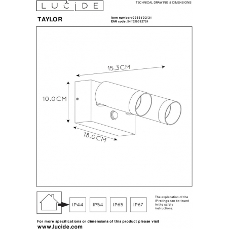 Taylor II white outdoor wall lamp with sensor Lucide