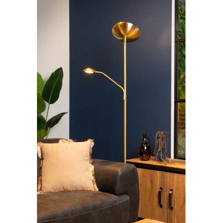 Stylowa Lampa podłogowa z lampką do czytania Zenith LED satynowy mosiądz Lucide do salonu i sypialni