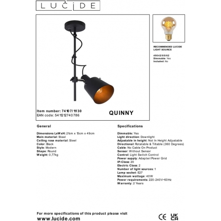 Quinny black semi flush ceiling light with adjustable arm Lucide