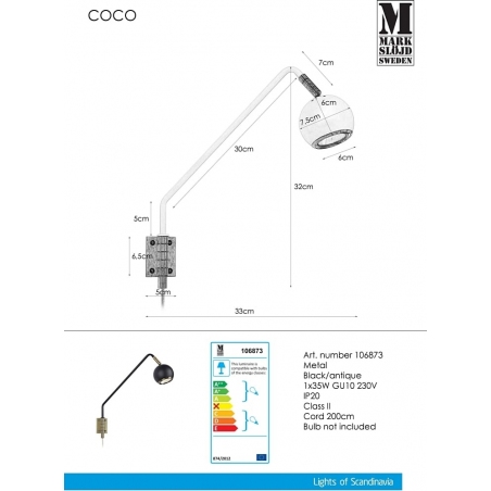 Coco black wall lamp with arm Markslojd