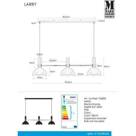 Designerska Lampa sufitowa 3 punktowa Larry Czarna Markslojd nad stół.