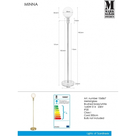 Minna 22 white&amp;brass glass floor lamp Markslojd