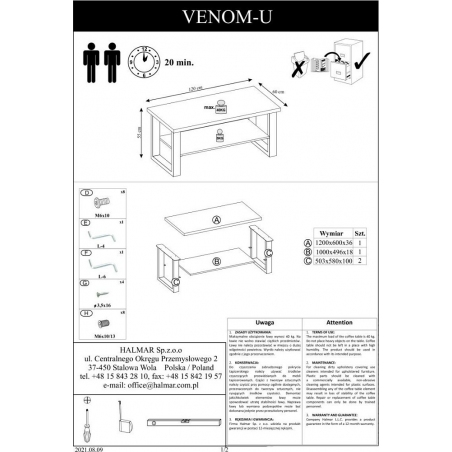 Venom U 120x60 votan oak&black industrial coffee table Halmar