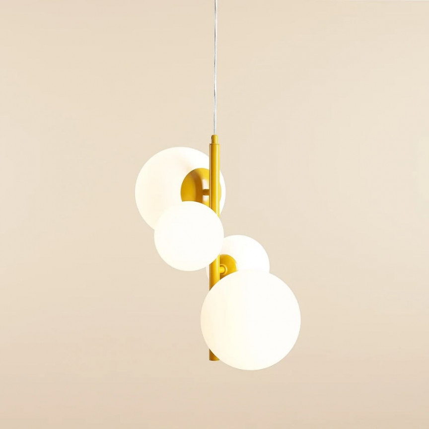 Bloom mustard 46cm white pendant lamp with 4 glass spheres Aldex