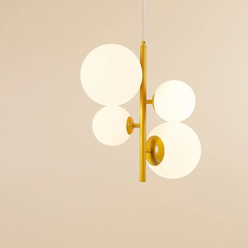 Bloom mustard 46cm white pendant lamp with 4 glass spheres Aldex