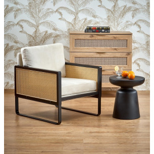 Fotel welurowy boho Ilario beż/czarny/rattan Halmar