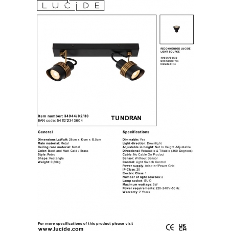 Plafon kierunkowy. Reflektor sufitowy podwójny Tundran II czarno-mosiężny Lucide do przedpokoju i kuchni