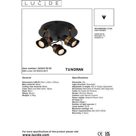 Plafon kierunkowy. Reflektor sufitowy potrójny Tundran III czarno-mosiężny Lucide do przedpokoju i kuchni