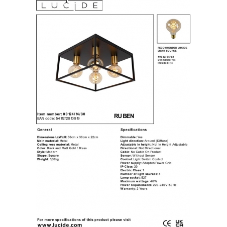 Plafon druciany loft Ruben 36x36cm czarny/mosiądz Lucide