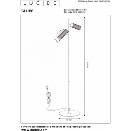 Stylowa Lampa podłogowa 2 punktowa z regulacją Clubs biała Lucide do salonu i sypialni