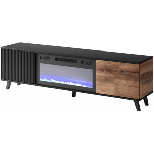 Random 180cm oak wotan&amp;black tv cabinet on legs with ribbed front and fireplace Halmar 2