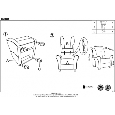 Bard blue recliner upholstered armchair Halmar