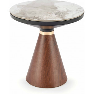 Genesis 50cm white marble&amp;walnut&amp;gold round glass side table Halmar