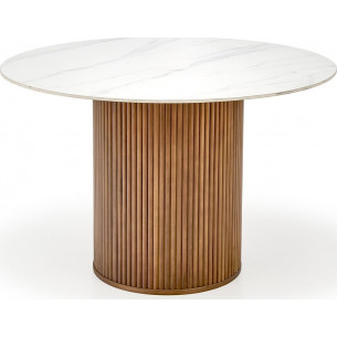 Bruno 120cm white marble&amp;walnut round one-leg table Halmar