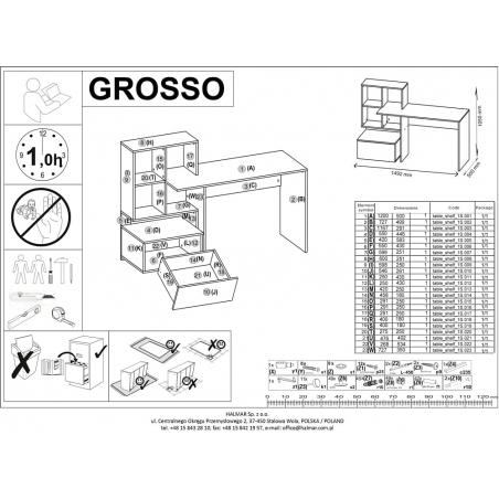 Grosso 149 white&amp;gold oak shelving unit scandinavian desk Halmar