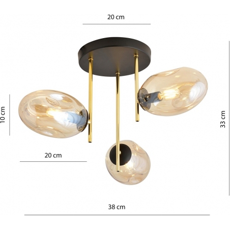 Lampa sufitowa szklana 3 punktowa Argo 38cm bursztynowy/złoty/czarny Emibig