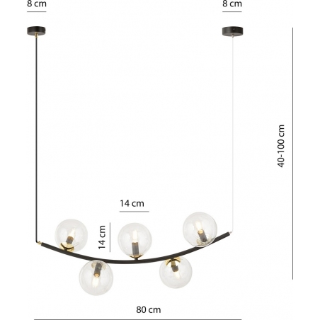 Lampy modern. Stylowa Lampa wisząca podłużna 5 szklanych kul Ritz 80cm przeźroczysty/złoty/czarny Emibig nad stół