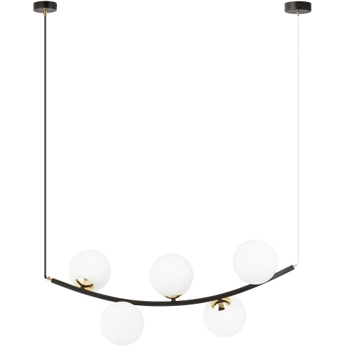 Lampy modern. Stylowa Lampa wisząca podłużna 5 szklanych kul Ritz 80cm biały/złoty/czarny Emibig nad stół