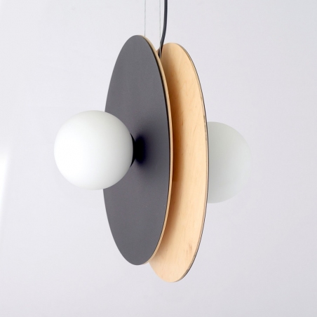 Lampy modern. Lampa wisząca 2 punktowa ze sklejki Soho 49cm drewno/opal/czarny Emibig nad stół