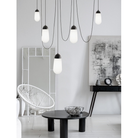 Lampy designerskie. Lampa wisząca szklana 5 punktowa "pająk" Ellipse 170cm biało-czarna do salonu i jadalni