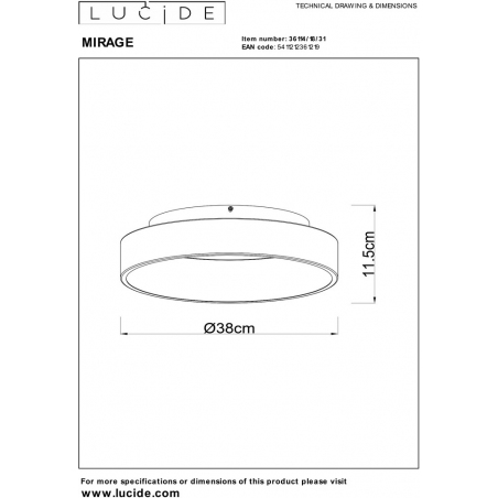 Plafon nowoczesny ściemniany Mirage LED 38cm 2700K biały Lucide