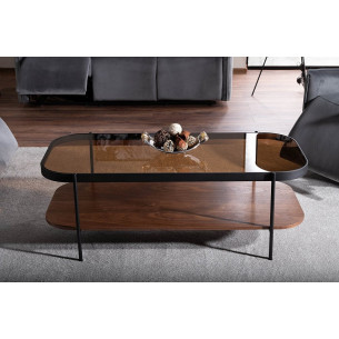 Prima 120x58cm amber glass&amp;walnut&amp;black glass coffee table with shelf Signal