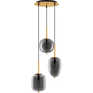 Lampa wisząca szklana potrójna glamour Tamo 46cm szkło dymione / złoty mosiądz