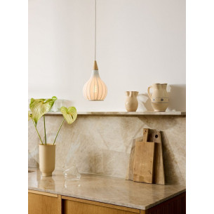 Drops Textile 17cm white&amp;wood pendant lamp with shade HaloDesign