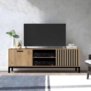 Lamino 180x40cm oak craft&amp;black tv cabinet on legs with slats Halmar