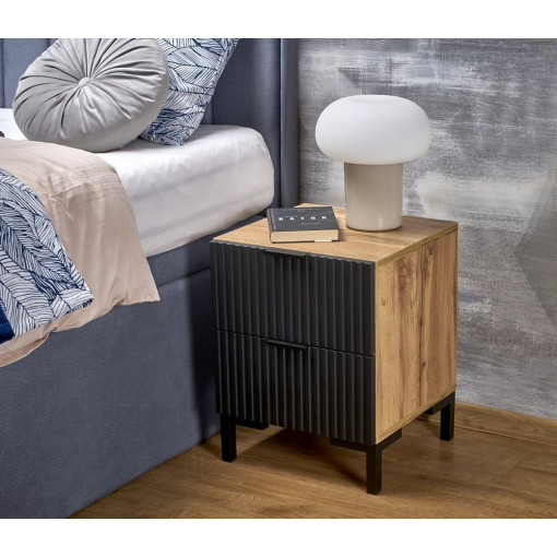 Nela 40x40cm oak wotan&amp;black bedside table with ribbed drawers Halmar