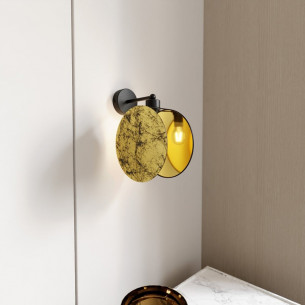 Motif golden round wall lamp with fabric shade Emibig