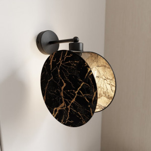 Motif black&amp;gold marble imitation round wall lamp with shade Emibig