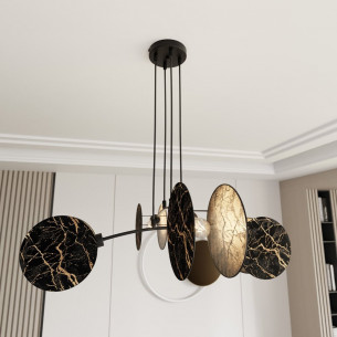 Motif 82cm black&amp;gold marble imitation 4-light pendant lamp with fabric shades Emibig