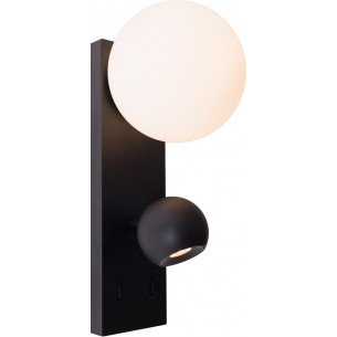 Atom LED opal&amp;black glass globe wall lamp with reading light and switch Maxlight