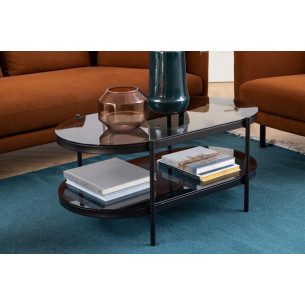 Oval Glass Coffee Table with Shelf Bayonne 95x50cm Smoked Glass / Black by Actona