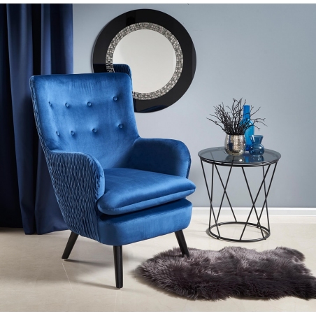 Ravel navy blue velvet quilted armchair with wooden legs Halmar