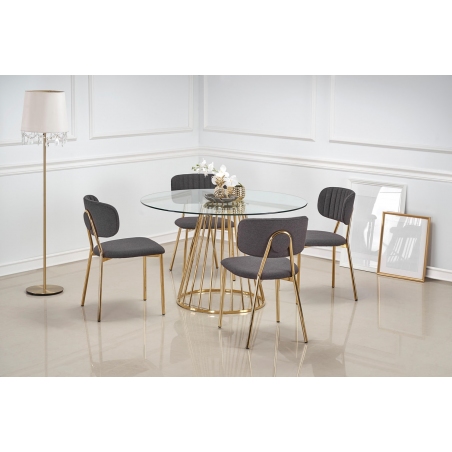 Liverpool 120 transparent&amp;gold glass round dining table with gold legs Halmar