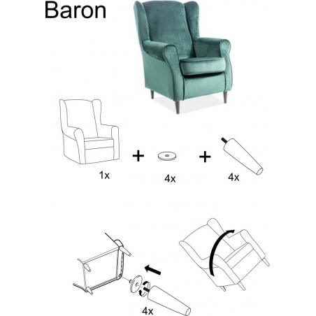 Designerski Fotel "uszak" tapicerowany Baron Velvet Szary Signal do salonu i sypialni.