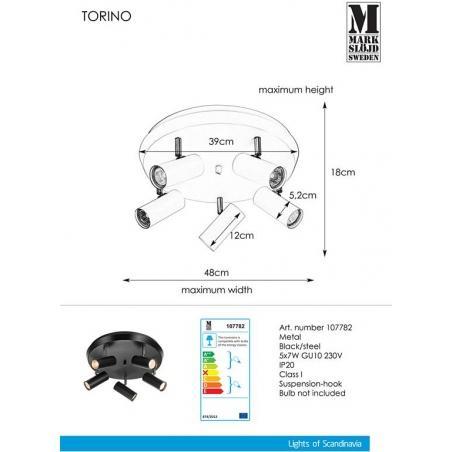 Torino V black ceiling spotlight with 5 lights Markslojd