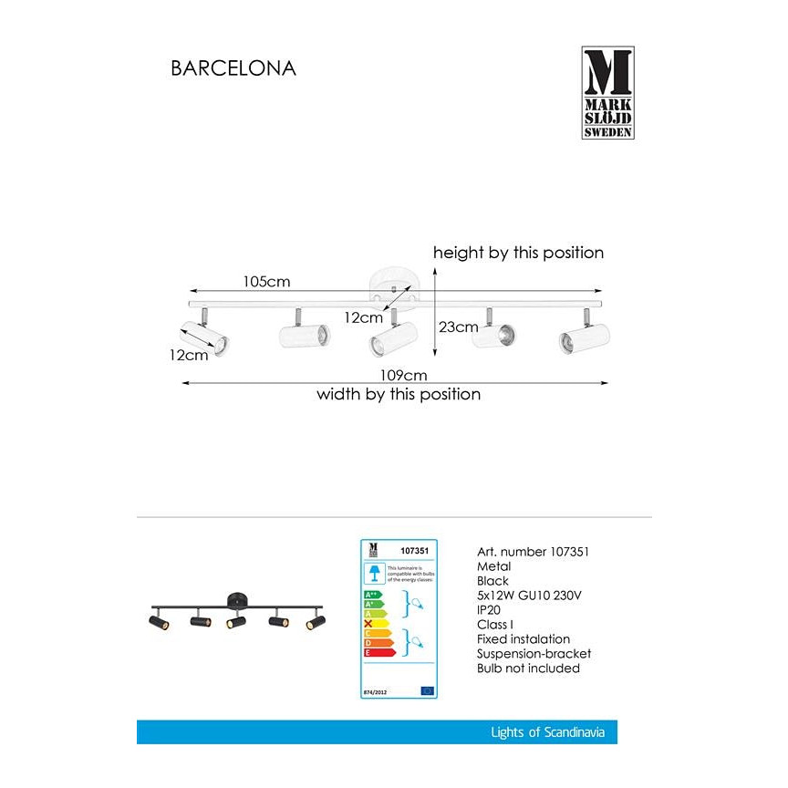 Stylowy Reflektor sufitowy 5 punktowy Barcelona V Czarny Markslojd do salonu, kuchni i przedpokoju.