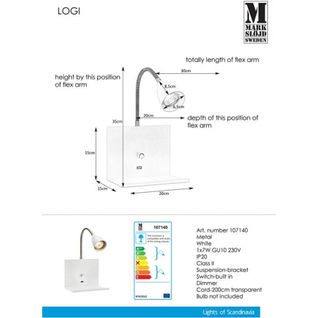 Logi white wall lamp with switch and shelf Markslojd