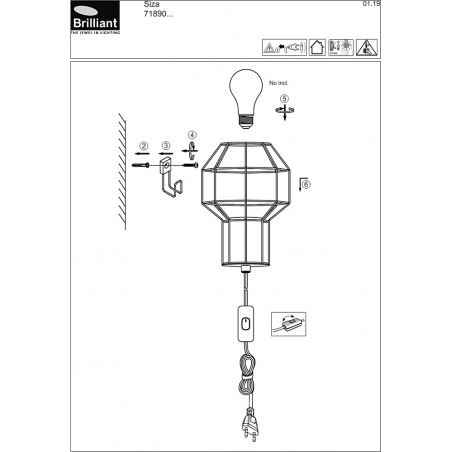Siza black wire wall lamp with switch and cord Brilliant
