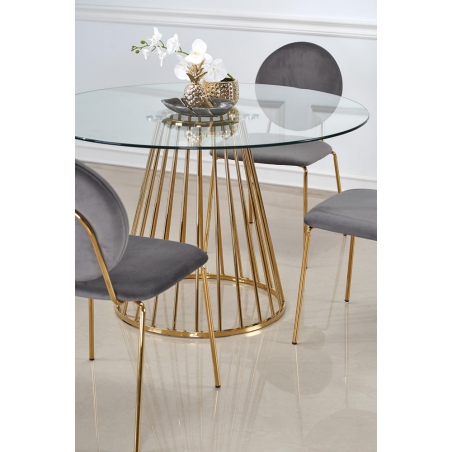 Liverpool 120 transparent&amp;gold glass round dining table with gold legs Halmar