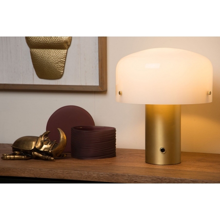 Dekoracyjna Lampa stołowa szklana glamour Timon 27 opal/matowe złoto Lucide do salonu, przedpokoju lub sypialni.