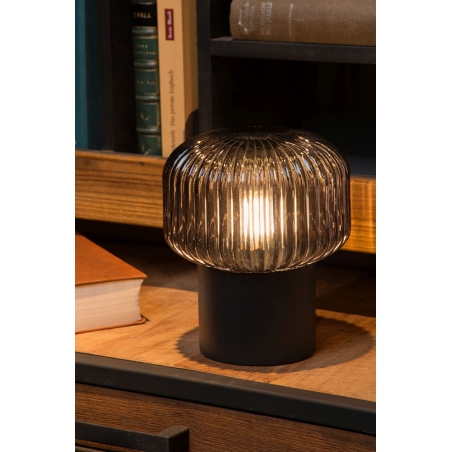 Dekoracyjna Lampa stołowa szklana retro Jany szkło dymione/czarny Lucide do salonu, przedpokoju lub sypialni.